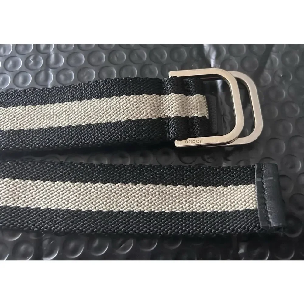 AUTHENTIC GUCCI BLACK & BEIGE STRIPED CANVAS WEB D-RING BELT SZ 32” WAIST